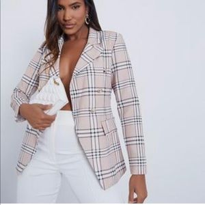 Stone check button up blazer
